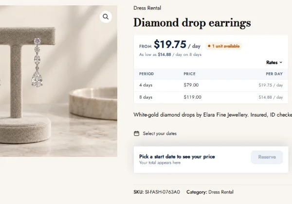 A diamond drop earrings product page on the jewelry rental demo, with 4-day and 8-day rates and one piece available