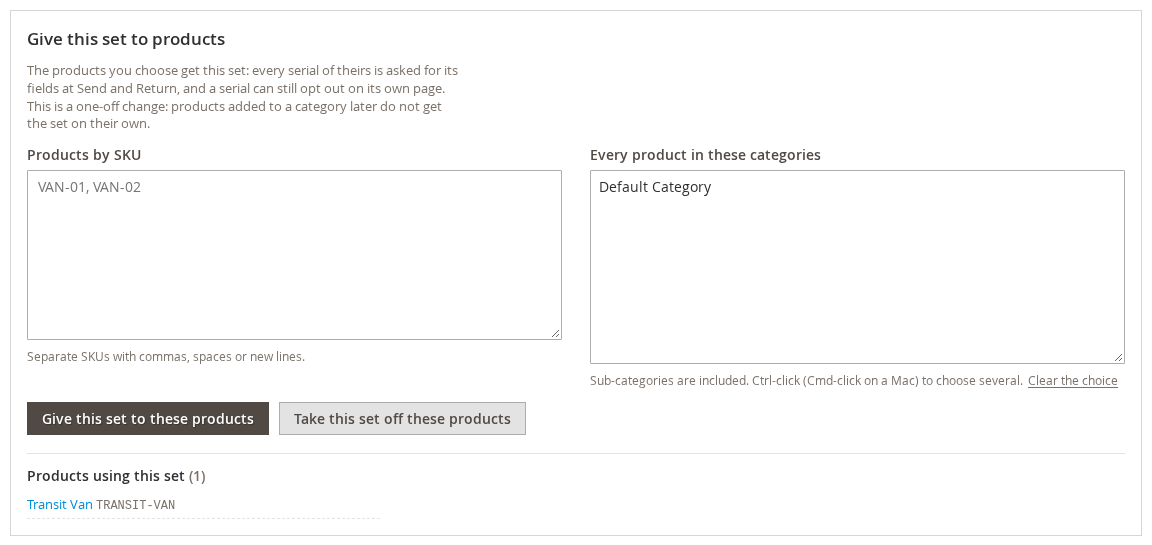 Giving a field set to products by SKU or by category