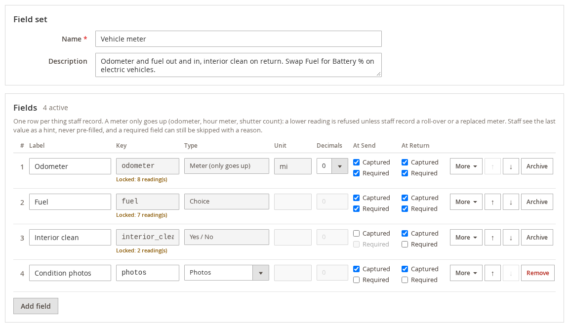 The field set editor with Odometer, Fuel, Interior clean and Condition photos fields