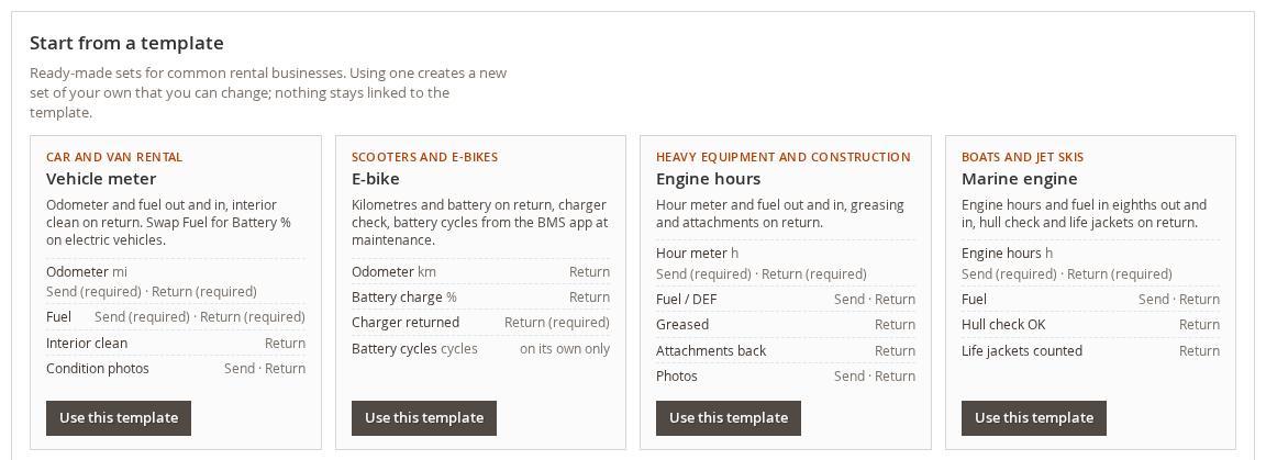 Ready-made field set templates for car and van rental, e-bikes, heavy equipment and boats