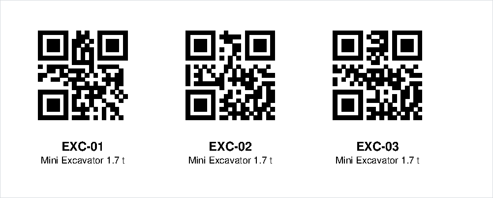 QR code labels for three excavators, with the serial code and product name under each code