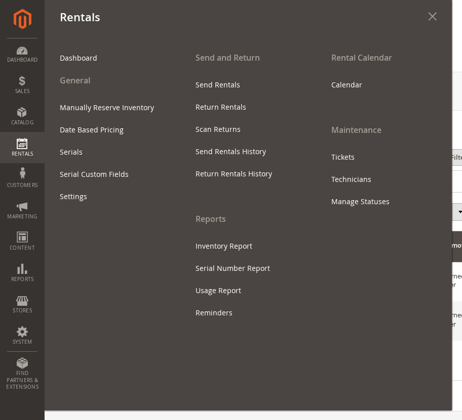 The Serials item under Rentals > General in the Magento admin menu