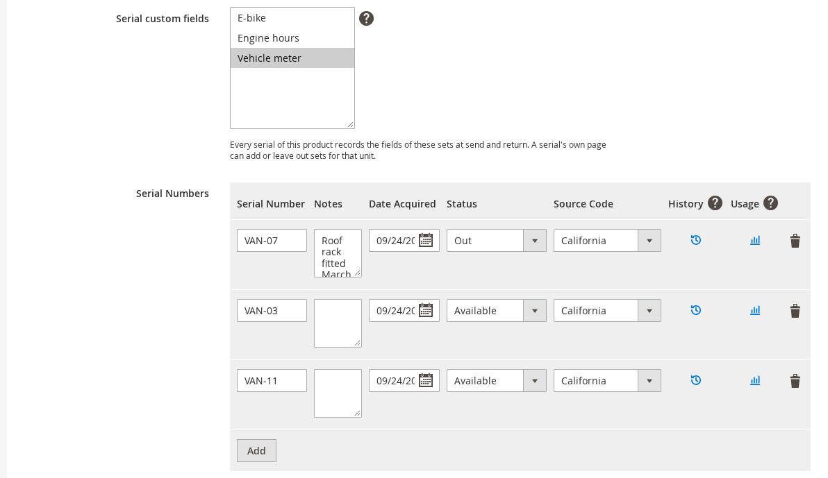 The Serial Numbers grid on a Magento rental product, with the Serial custom fields selector above it