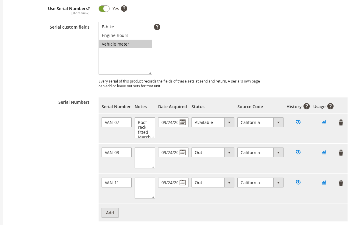 Use Serial Numbers switched on for a Magento rental product, with its Serial Numbers grid