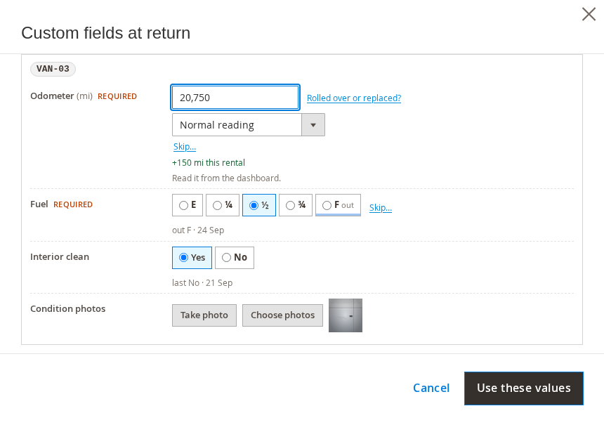The Custom fields at return dialog with the odometer, fuel level, a check and a photo