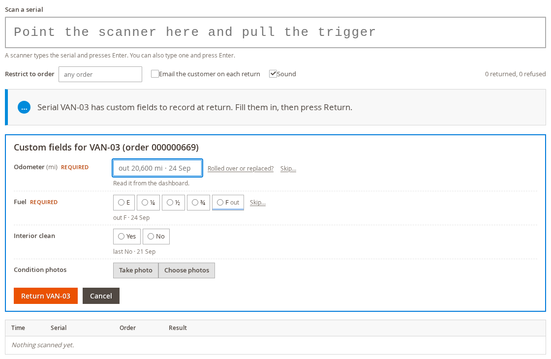 Scan Returns with the custom fields form open for a scanned van