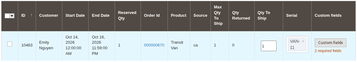 A row of the Send Rentals grid with a van's serial chosen and the Custom fields button
