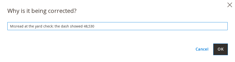 The dialog asking why the reading is being corrected