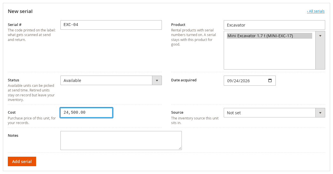 The New serial form with a code, the product chosen from a filtered list and a cost filled in