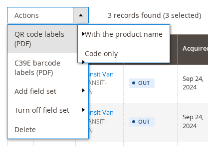 The Actions menu of the Serials grid with the QR code label options open