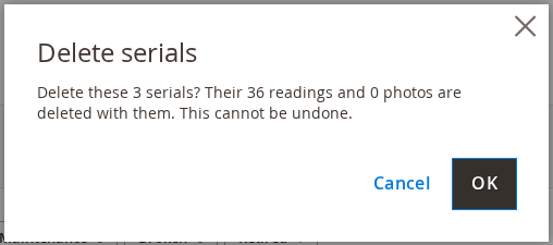 Delete confirmation naming the number of serials and the readings and photos deleted with them