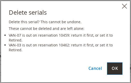 Delete confirmation listing two units that cannot be deleted because they are out on reservations