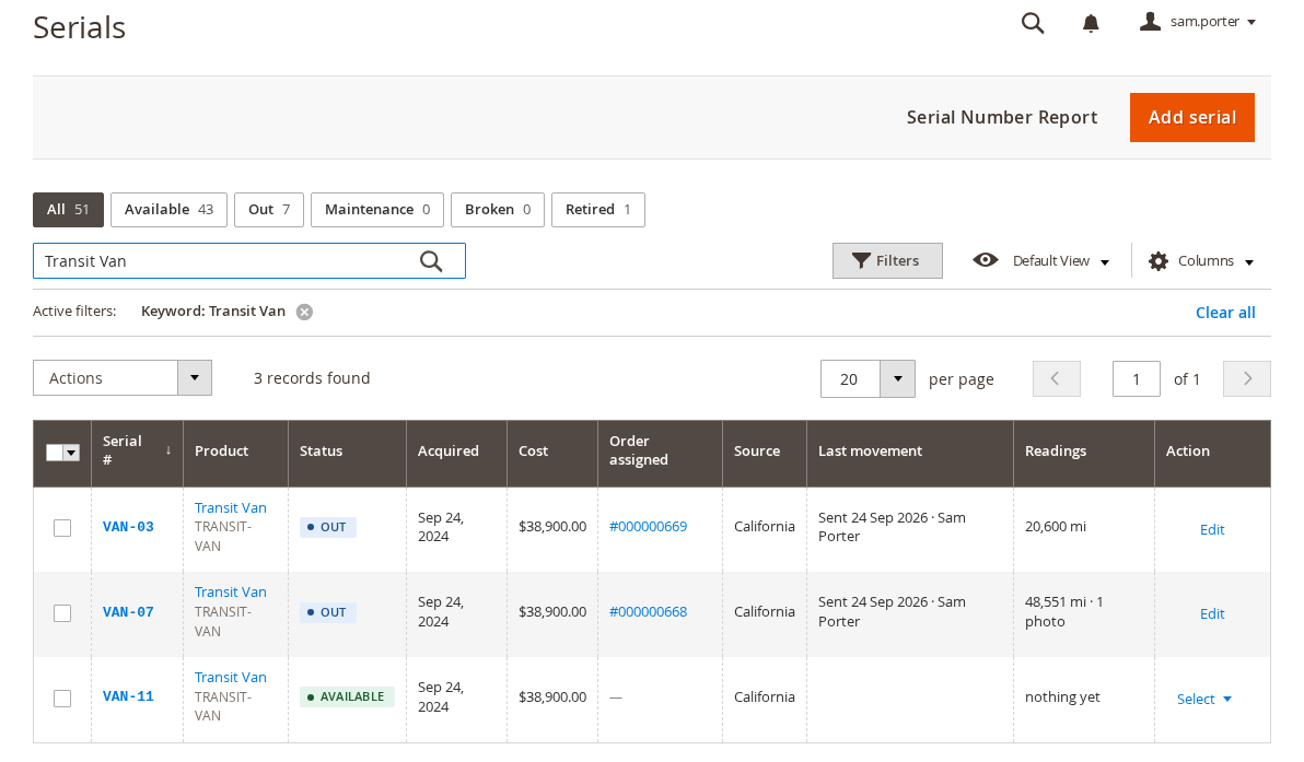 The Serials grid in the Magento 2 rental admin, searched for Transit Van