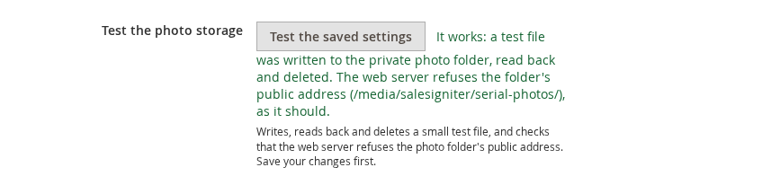 Test the photo storage reporting that the test file worked and that the web server refuses the photo folder