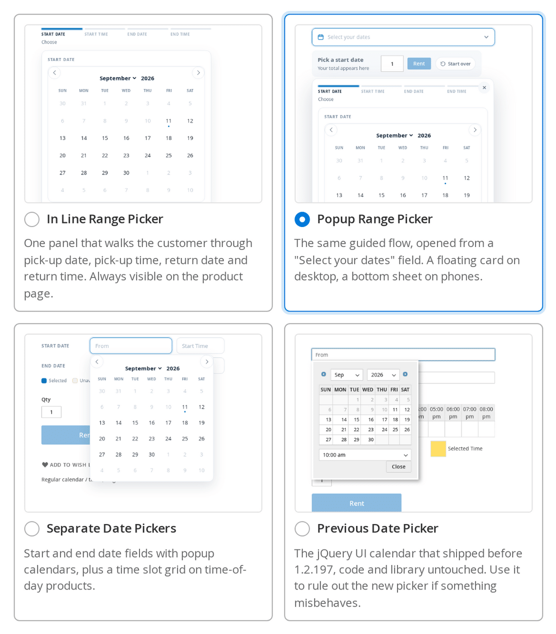 Magento 2 admin Calendar Styler showing the four date pickers as picture cards with a live preview
