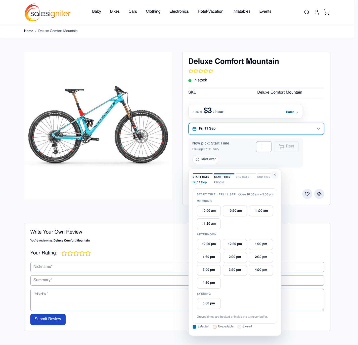Hyva theme Magento 2 rental product page with the guided date picker open: pick-up date chosen and the time slot grid for that day beside it