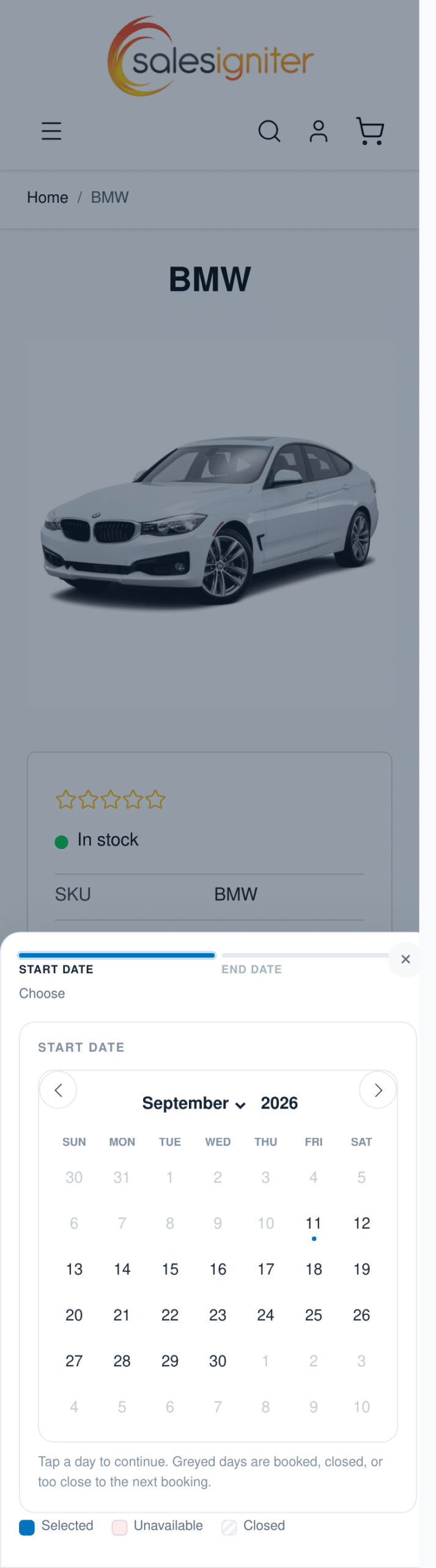 Guided rental date picker opening as a bottom sheet on a phone-width Hyva Magento 2 product page