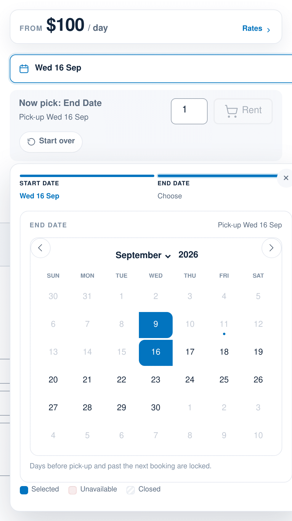 Sales Igniter live demo rental product page with the guided date picker open: pick-up date chosen, the progress row tracking Start Date and End Date, and the Selected / Unavailable / Closed legend