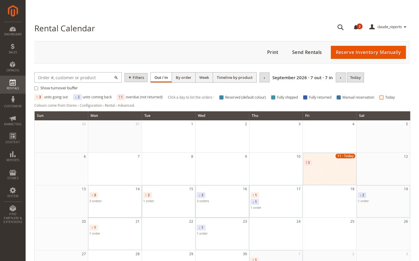 Rental Calendar in the Magento 2 admin in the Out / In view, with units going out and coming back counted per day
