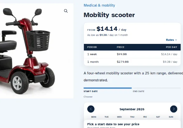 A mobility scooter product page on the medical equipment rental demo, with a weekly and a monthly rate