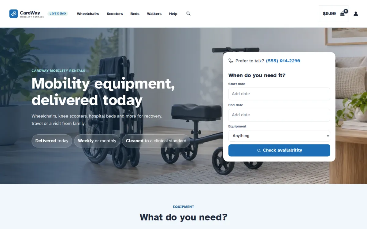 Medical equipment rental software on the live demo: the CareWay mobility rentals homepage with large type and a start and end date search