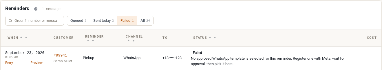 The Failed tab of Rentals, Reminders: a WhatsApp pickup reminder to Sarah Miller that failed with the reason No approved WhatsApp template is selected for this reminder, with a Retry action