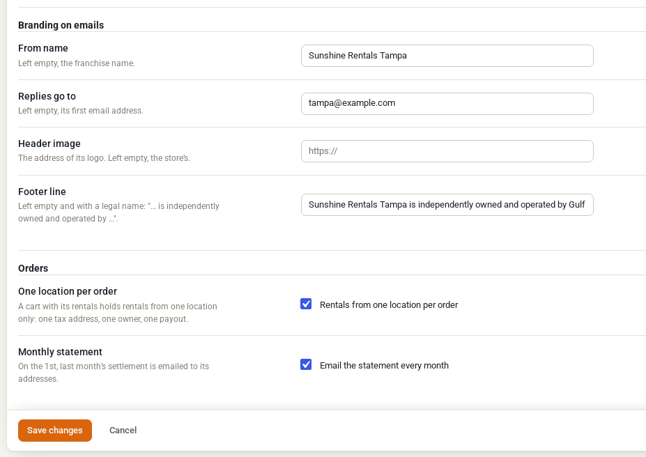 Branding on emails with the From name Sunshine Rentals Tampa, replies to the Tampa address and a footer line, and order settings for one location per order and a monthly statement