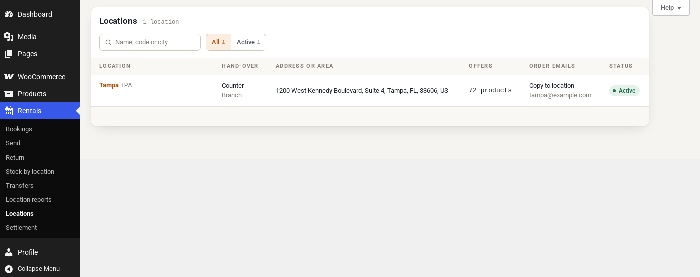 A franchise owner's admin menu with Media, Pages, WooCommerce, Products and a Rentals menu of Bookings, Send, Return, Stock by location, Transfers, Location reports, Locations and Settlement, next to a Locations list showing only Tampa