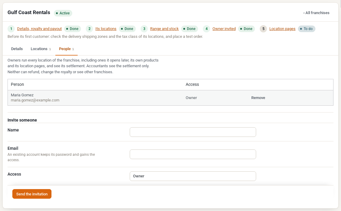 The People tab of Gulf Coast Rentals with Maria Gomez as Owner and a form to invite someone as Owner or Accountant