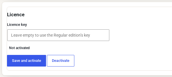The Licence panel with an empty key field, a Not activated status and Save and activate and Deactivate buttons