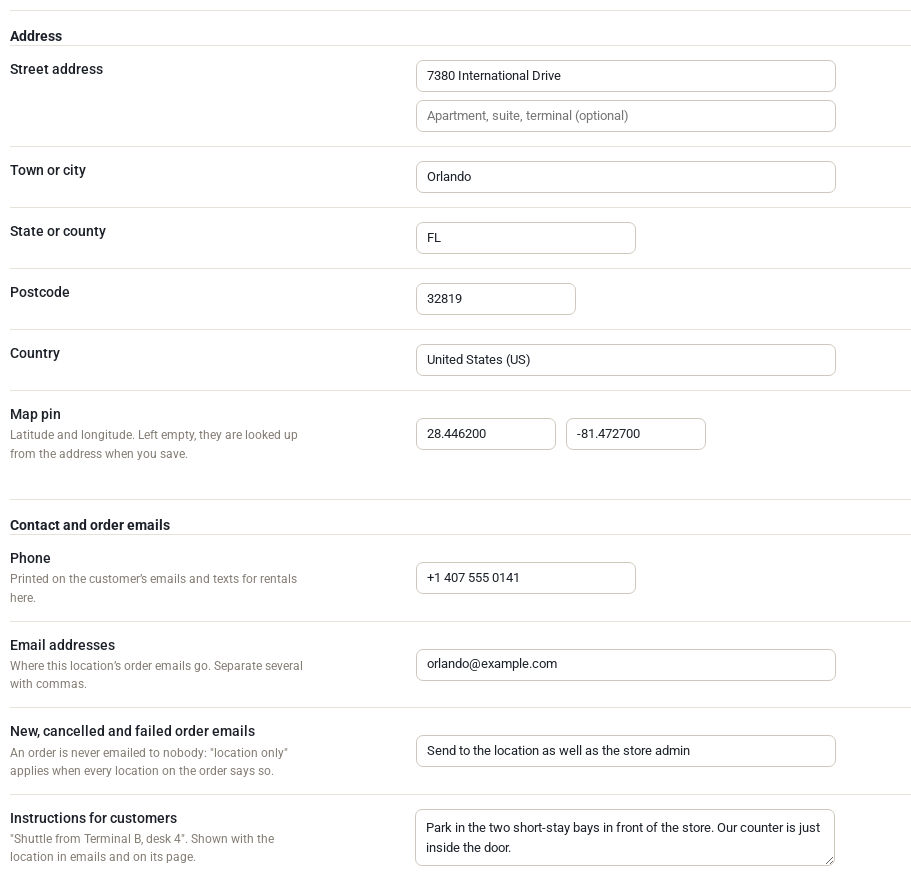 The Address and Contact and order emails sections: street address, city, state, postcode, country, map pin, phone, email addresses, order email mode and instructions for customers