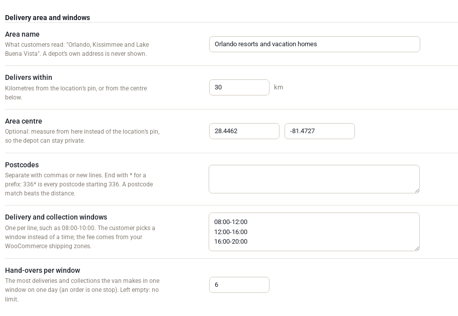 Delivery settings: area name, delivers within 30 km, area centre, postcodes, three delivery windows and six hand-overs per window