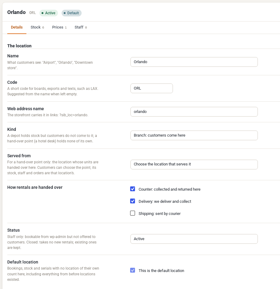 The Details tab of the Orlando location, showing its name, code ORL, web address name, kind Branch, hand-over by counter and delivery, status Active and the default location box ticked