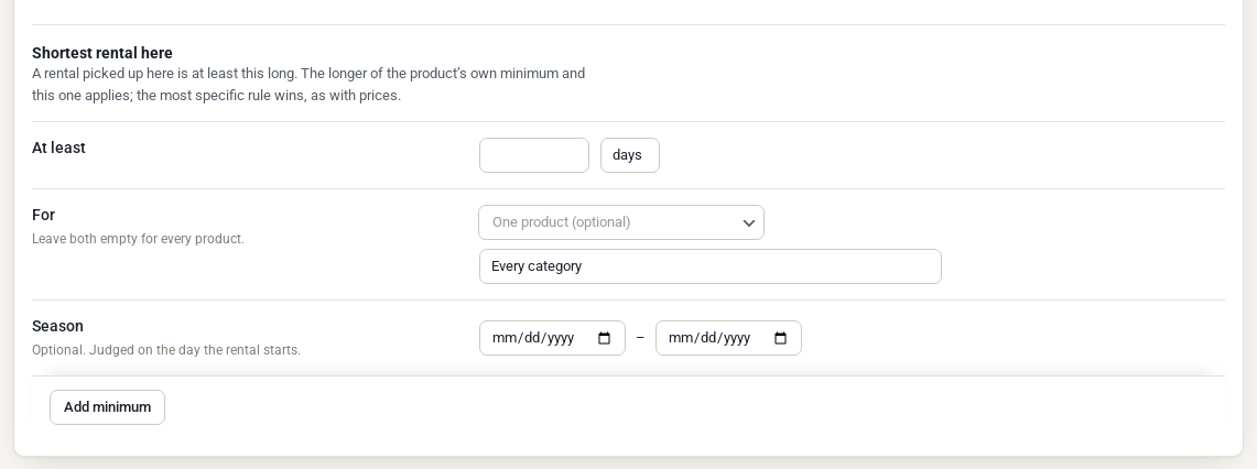The Shortest rental here form with At least, a days or hours choice, a product or category, a season and an Add minimum button