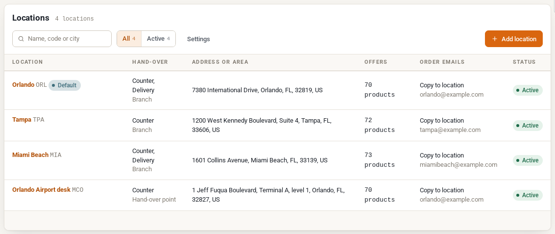 The Locations screen listing three stores and an airport desk, with their hand-over methods, addresses and order email settings