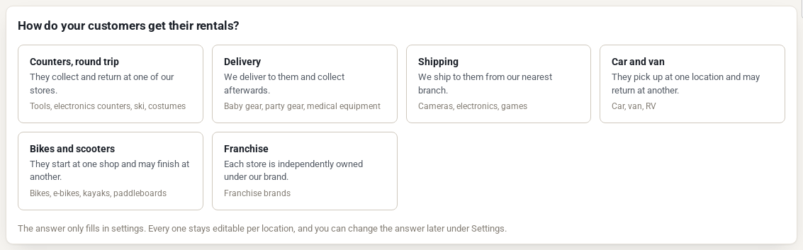 The question How do your customers get their rentals, with six answers such as Counters round trip, Delivery, Shipping, Car and van, Bikes and scooters and Franchise