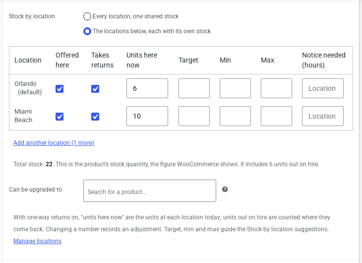 The Stock by location grid of a scooter with Offered here, Takes returns and Units here now for Orlando and Miami Beach, and a total that includes 6 units out on hire