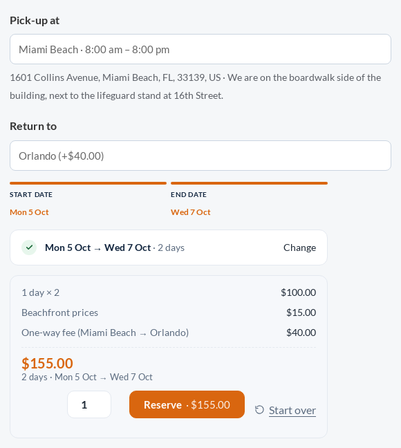 A scooter picked up at Miami Beach and returned to Orlando, with the one-way fee of $40 as its own line in the price breakdown