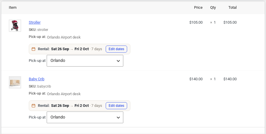 An order with a stroller and a crib rented for seven days, each showing Pick-up at Orlando Airport desk and a Pick-up at dropdown set to Orlando