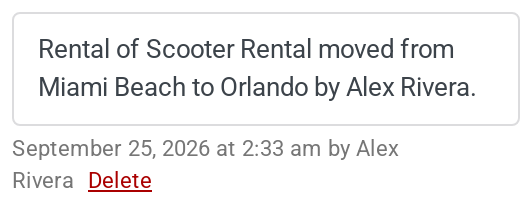 An order note saying Rental of Scooter Rental moved from Miami Beach to Orlando, with the date and the person who moved it