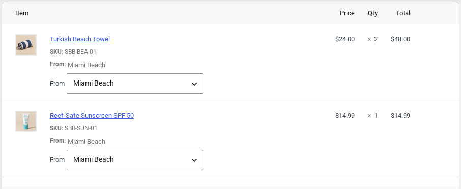 An order with a beach towel and sunscreen, each showing From Miami Beach and a From dropdown