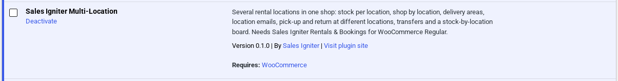 Sales Igniter Multi-Location in the WordPress Plugins list, active, version 0.1.0