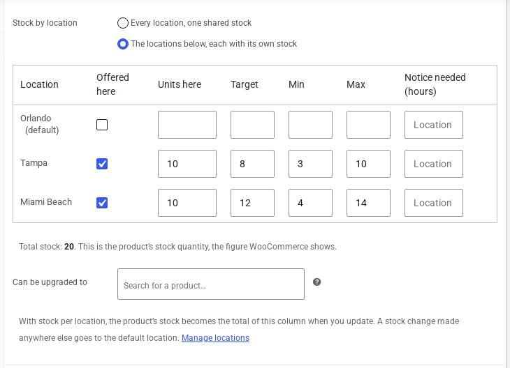 The same grid after clicking Add another location, now also listing Orlando with an empty row