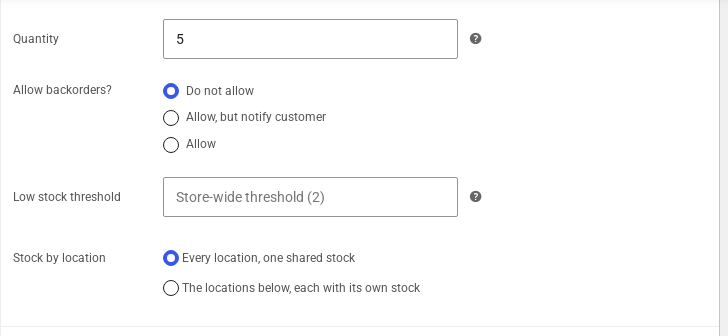 A product's Inventory tab with its WooCommerce quantity of 5 and Stock by location set to Every location, one shared stock