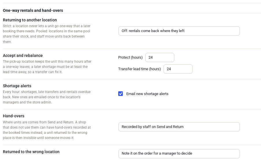 Settings for returning to another location (Off), accept and rebalance hours, shortage alert emails, hand-overs recorded by staff, and what happens when a rental is returned to the wrong location