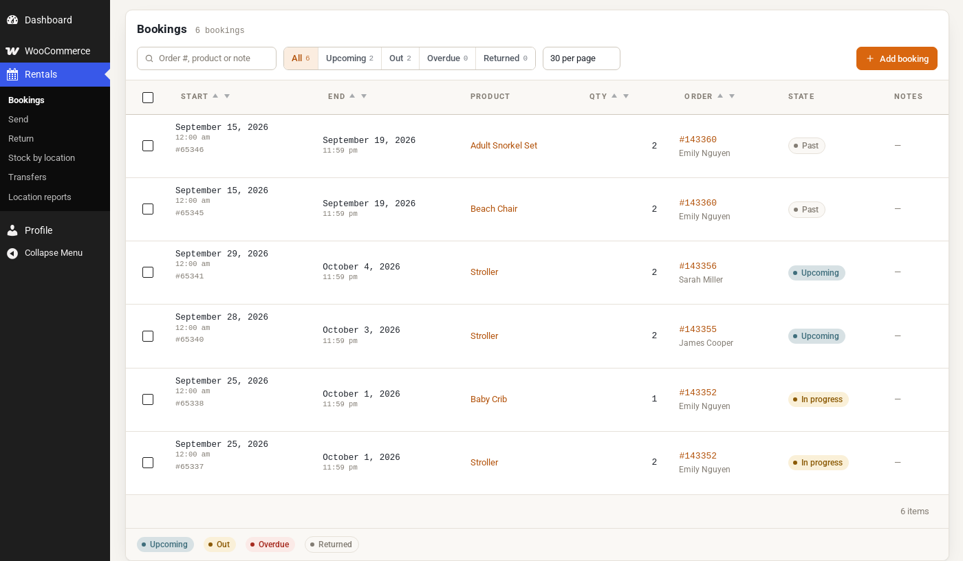 The admin menu and Bookings list of a Tampa location manager, showing only rentals at Tampa
