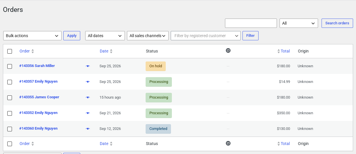 The WooCommerce Orders list for the Tampa manager with five orders from Tampa customers