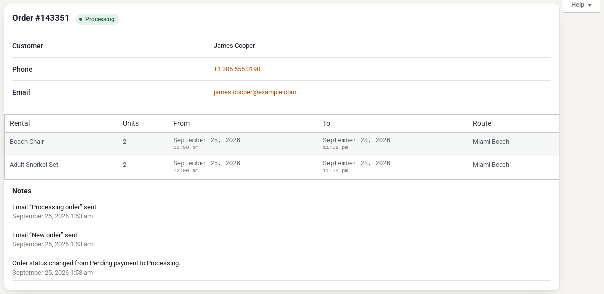 A read-only order for location staff showing the customer's name, phone and email, two rentals with dates and route Miami Beach, and the order notes