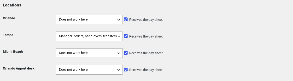 The Locations box on a user profile, with Manager access at Tampa and Does not work here at the other locations, each with a Receives the day sheet box
