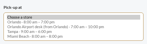 The Pick-up at choices on a product page: Choose a store, then Orlando, Orlando Airport desk (from Orlando), Tampa and Miami Beach, each with today's opening hours